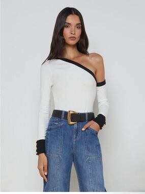 L’AGENCE L'AGENCE
Maeva One-Shoulder Black & White Knit Top Size L Large
